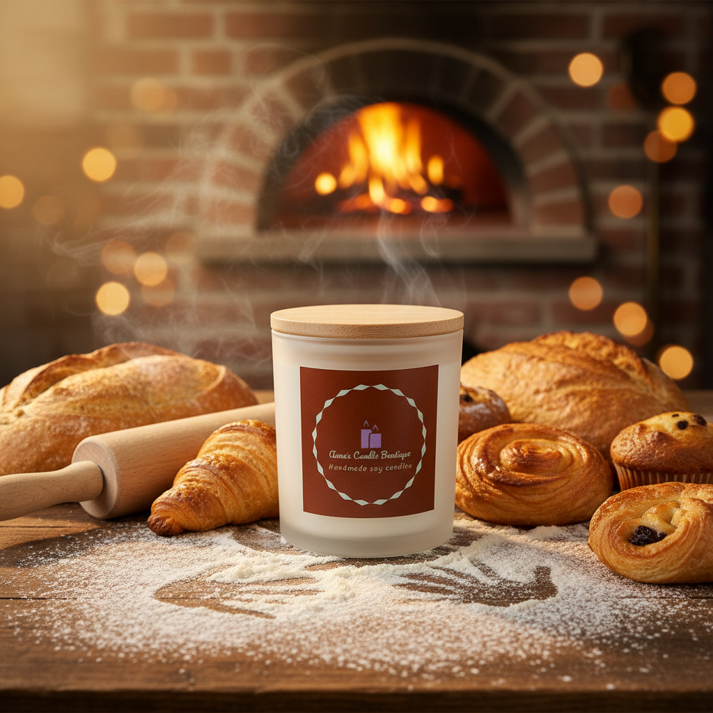Candle with a bakery-themed label on a wooden surface with bread and pastries, fireplace in the background
