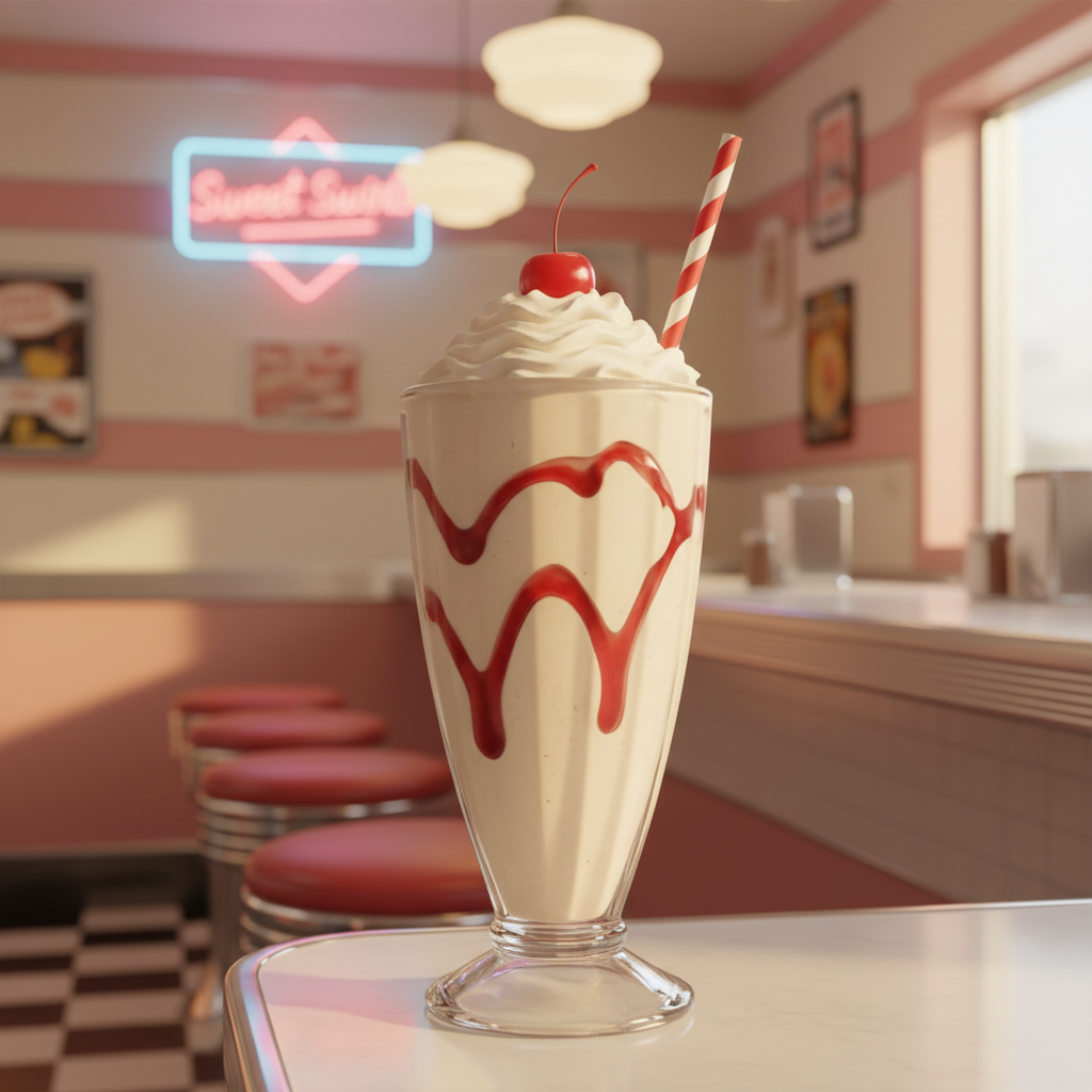 Vintage-style milkshake with cherry and straw in a diner setting