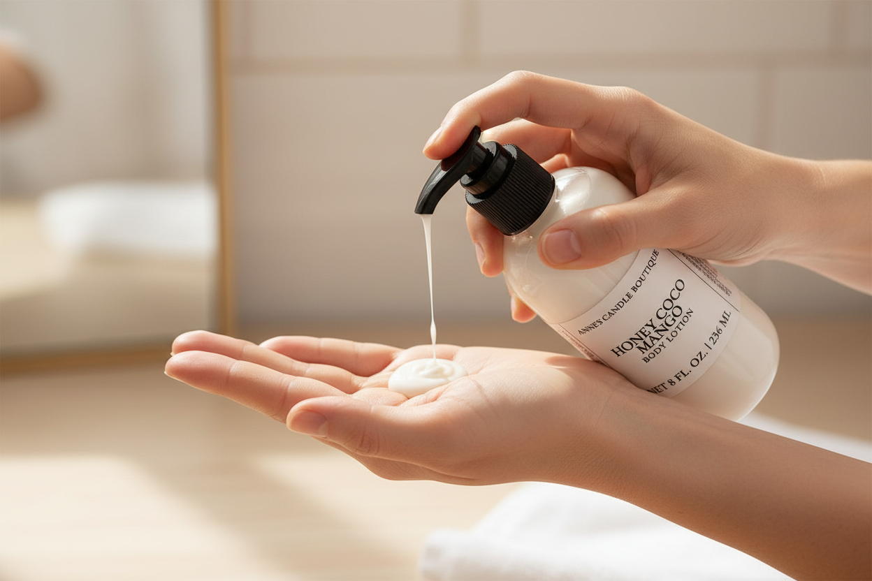 Hand holding a pump bottle of Honey & Co. body lotion over another hand.
