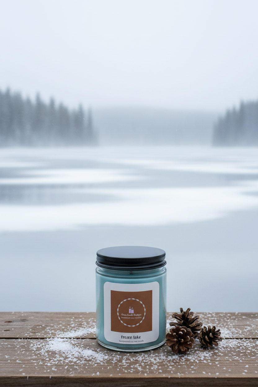Candle with a label on a wooden surface in front of a snowy landscape