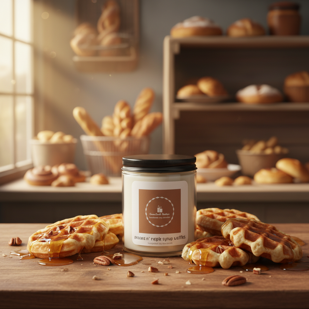 Candle with waffles and syrup on a wooden surface, with a bakery in the background