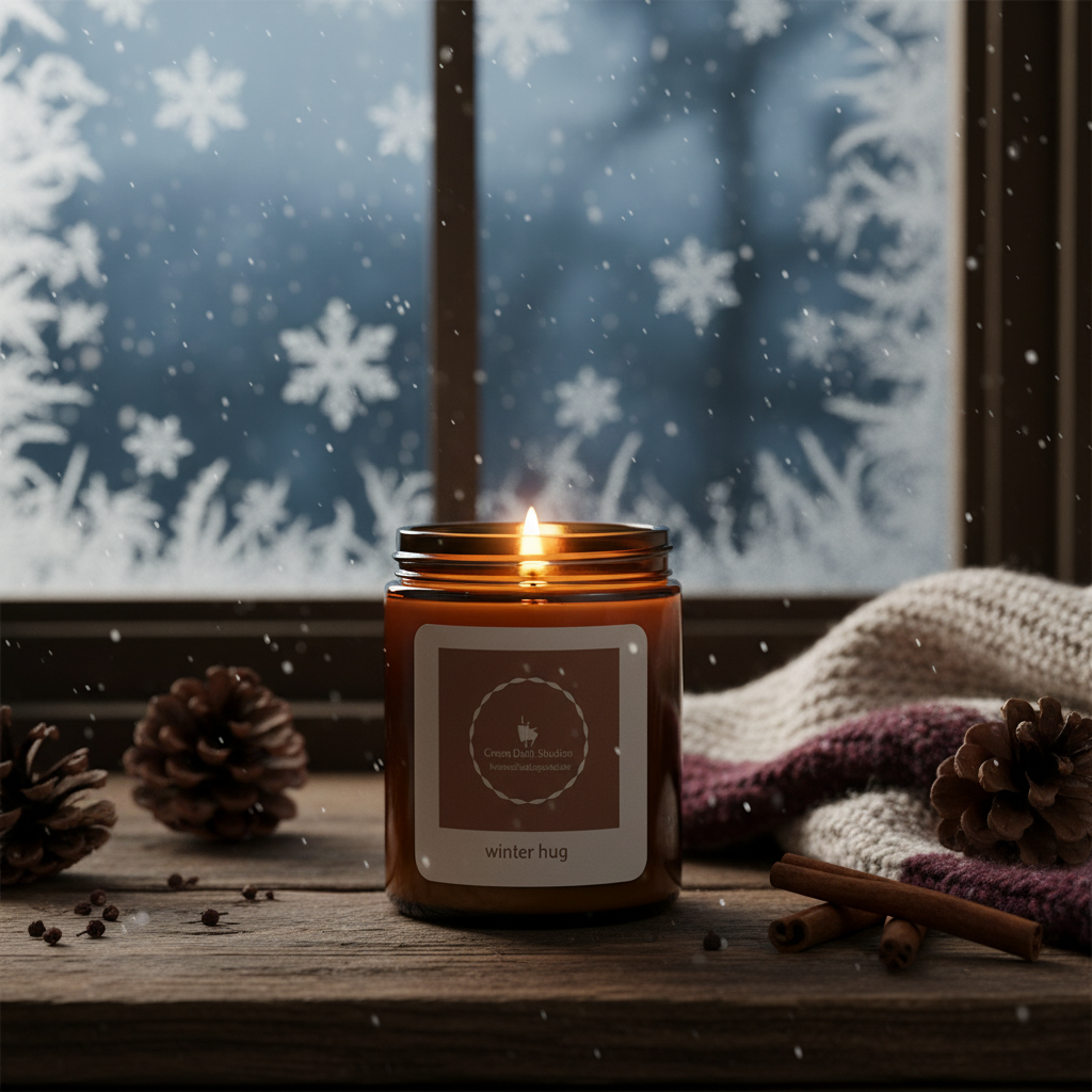 Candle with a 'winter hug' label on a wooden surface with snowflakes outside a window.