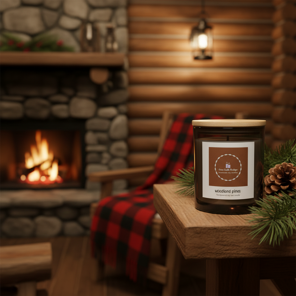 Candle on a wooden table in front of a fireplace with stone walls