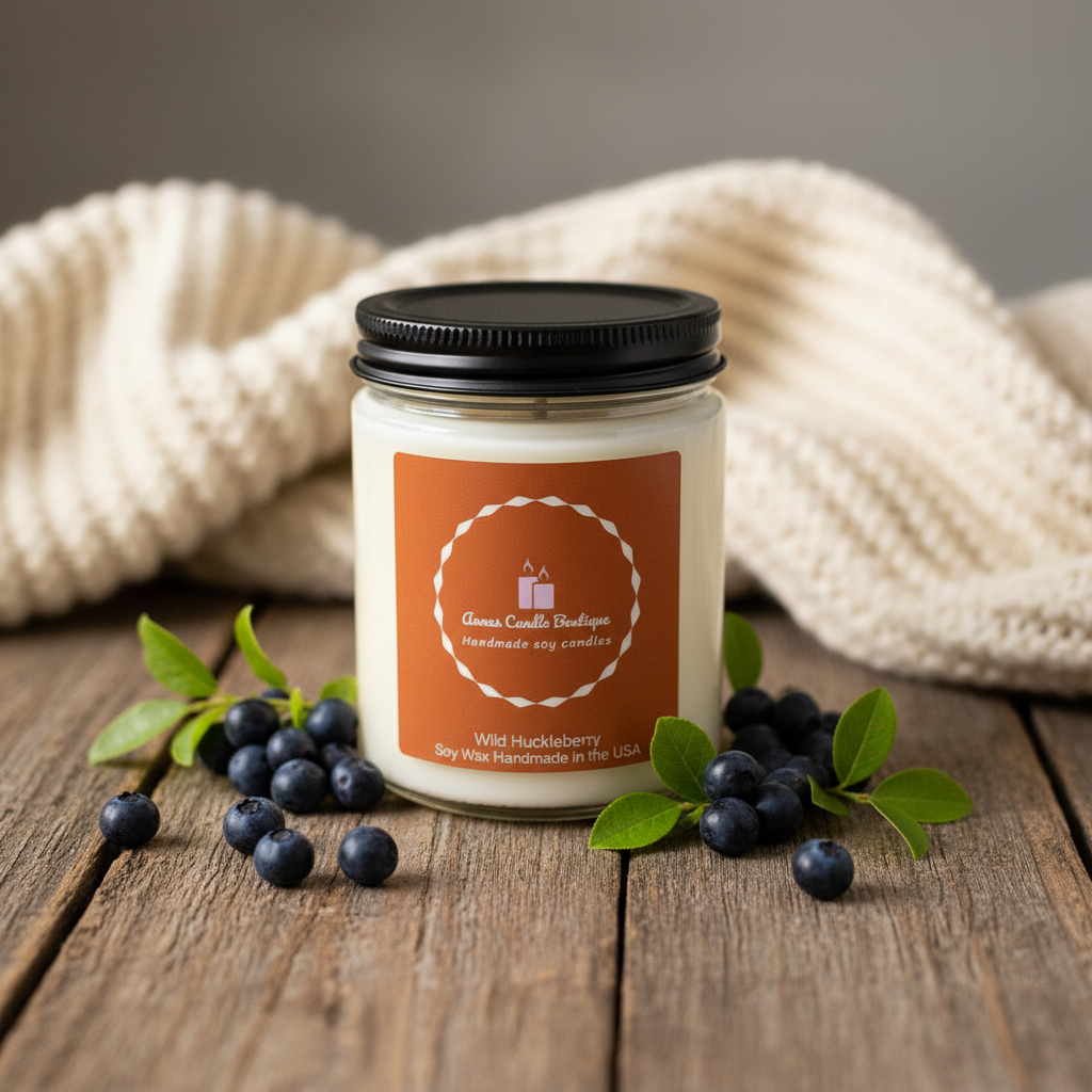Candle jar with a label on a wooden surface with blueberries and a beige blanket.