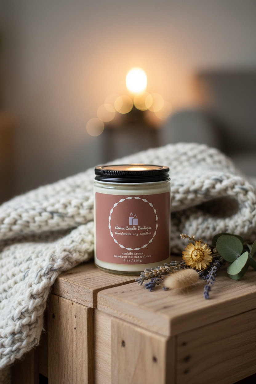 Candle jar with a label on a wooden surface with a blurred background