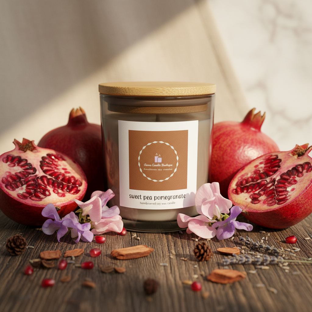 Candle with a wooden lid surrounded by pomegranates and flowers on a wooden surface
