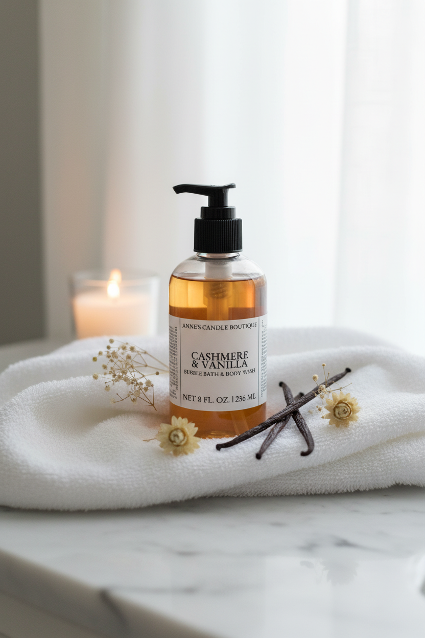 Bottle of Caraway & Vanilla body wash on a marble surface with a candle and vanilla beans.