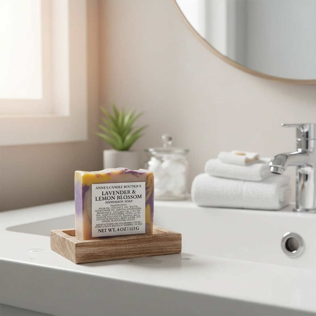 Bar of soap on a wooden dish with a plant and towels in the background