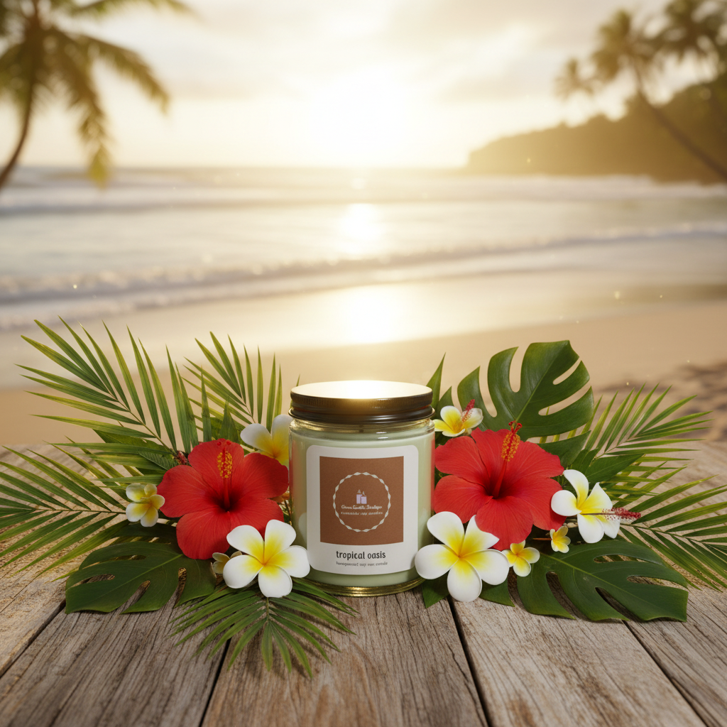 Candle with a label on a wooden surface with tropical flowers and leaves, set against a beach sunset.