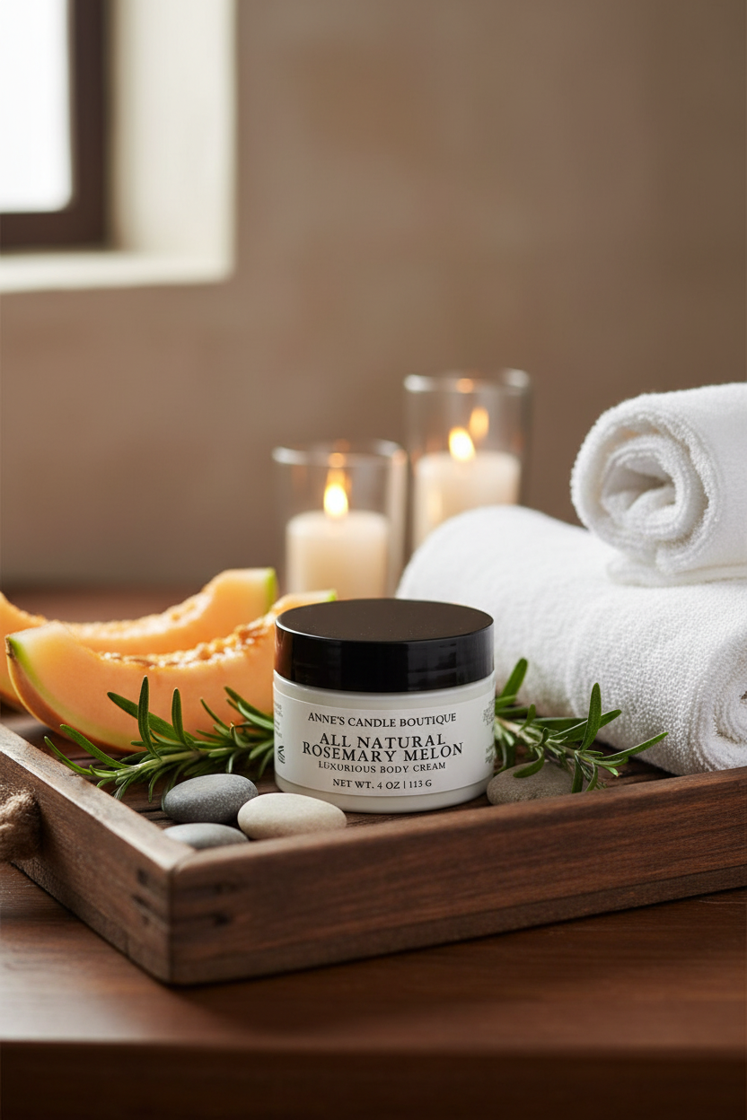 Jar of 'All Natural Rosemary Melon' candle on a wooden tray with towels, candles, and fruit.