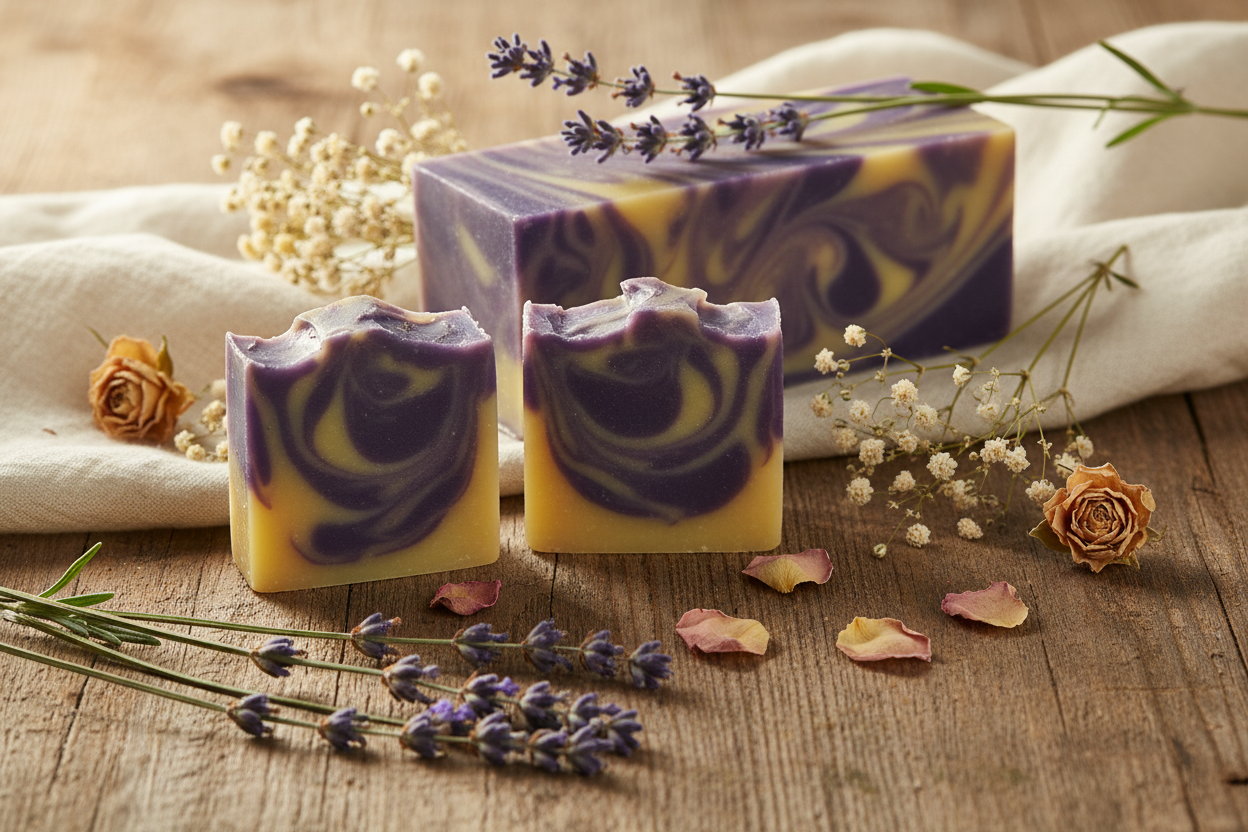 Handmade soap bars with purple and yellow swirls on a wooden surface with lavender flowers.