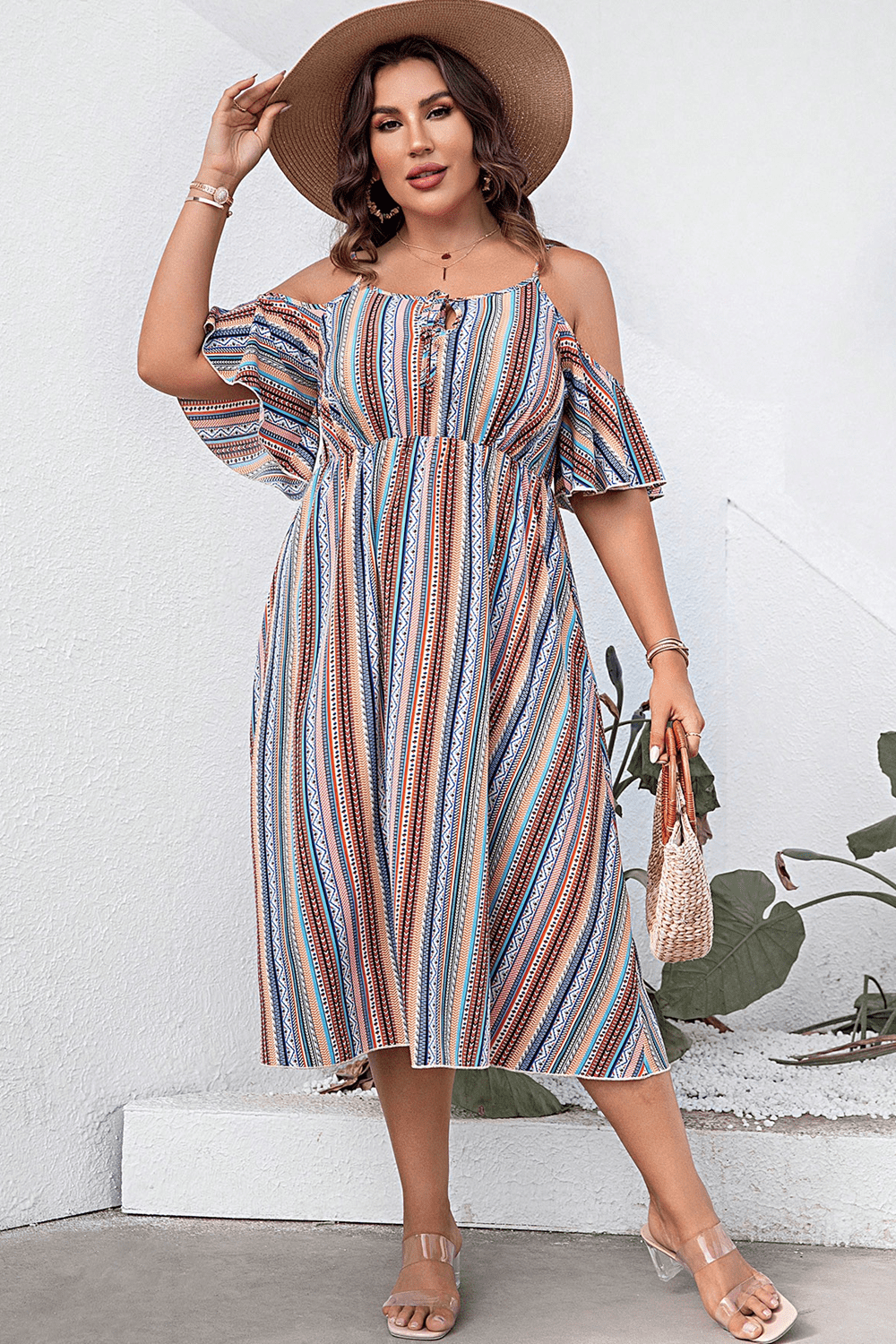 Plus Size Striped Cold - Shoulder Dress - Anne’s Candle Boutique