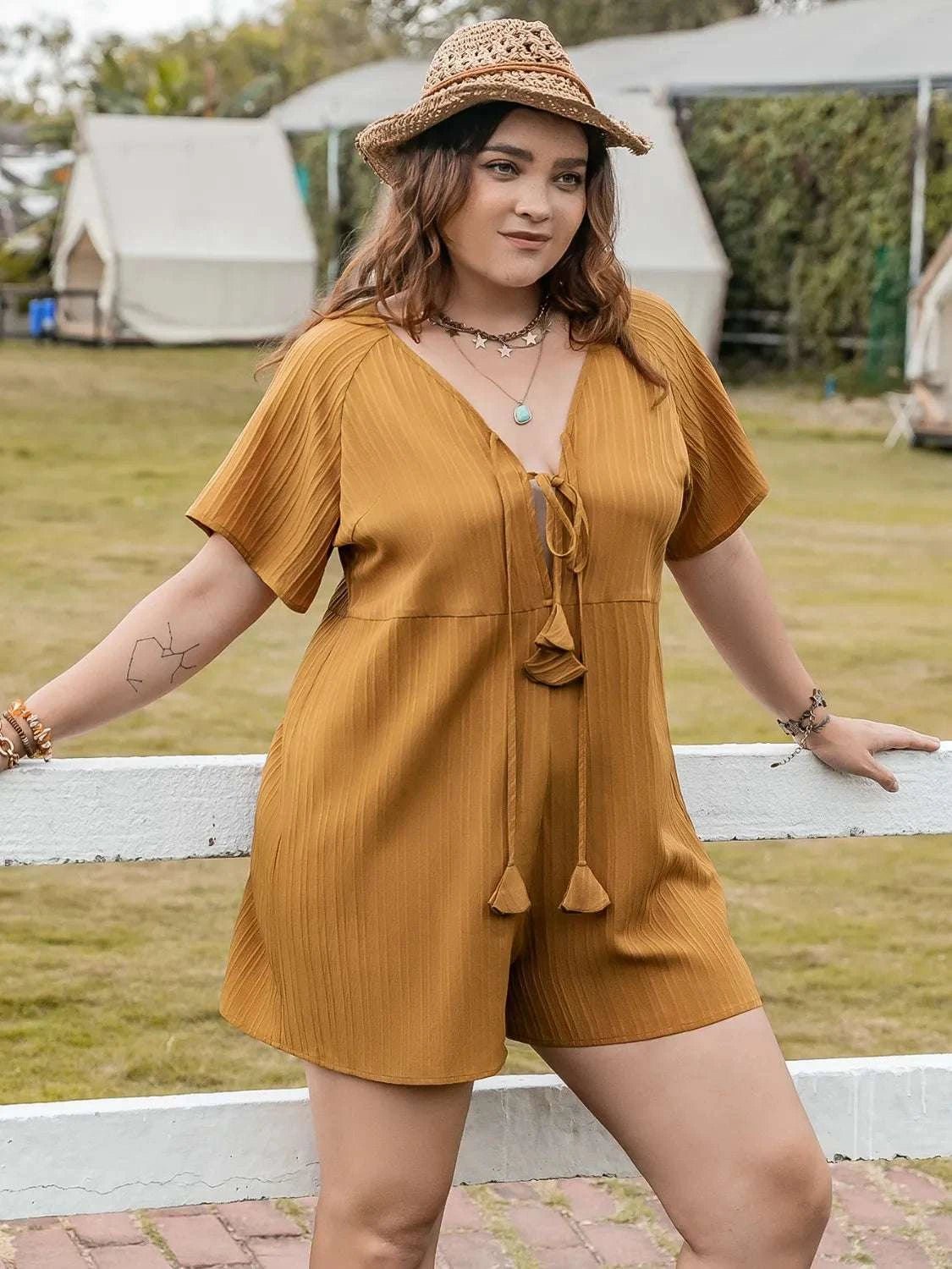 Plus Size V - Neck Short Sleeve Romper - Anne’s Candle Boutique