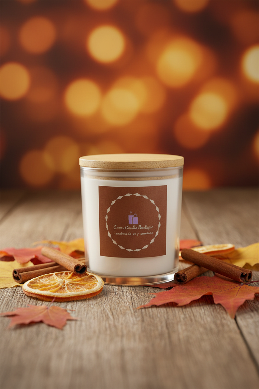 Candle with a label on a wooden surface with autumn leaves and cinnamon sticks, blurred lights in the background