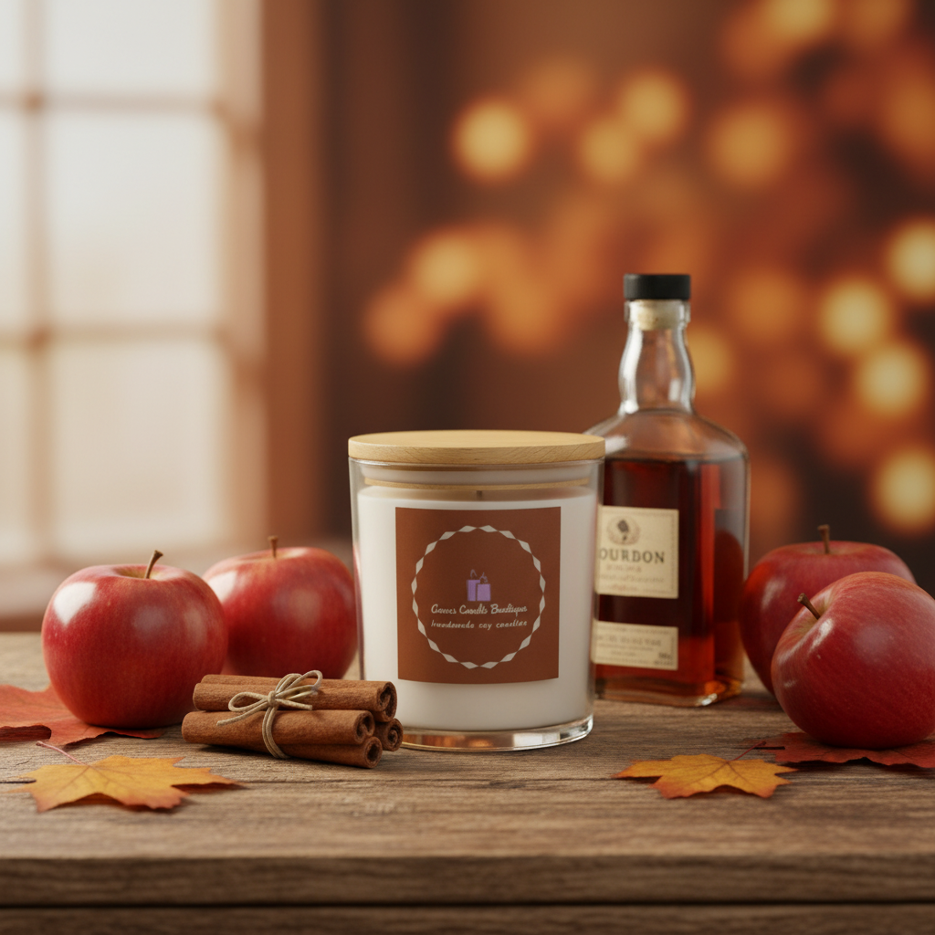 Candle with a label, bottle of bourbon, and apples on a wooden surface with a warm, blurred background.