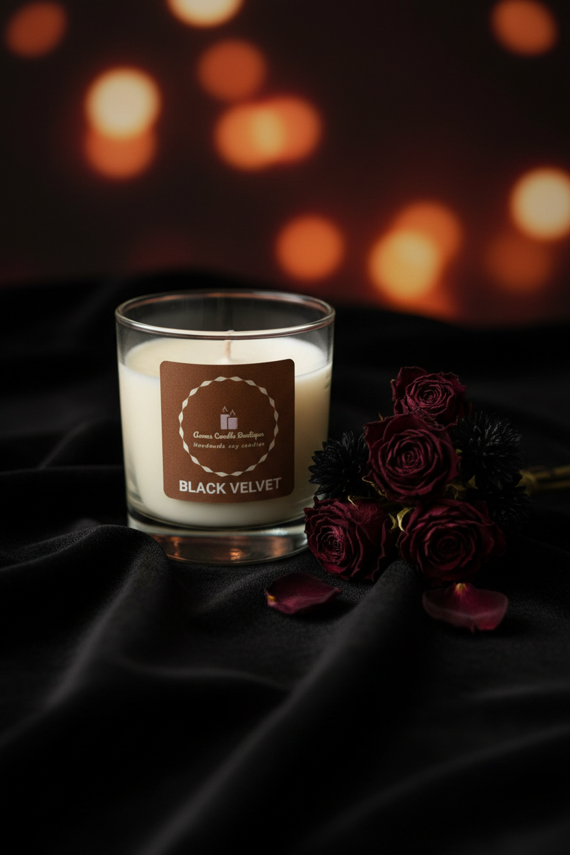 Candle labeled 'Black Velvet' with roses on a dark fabric background