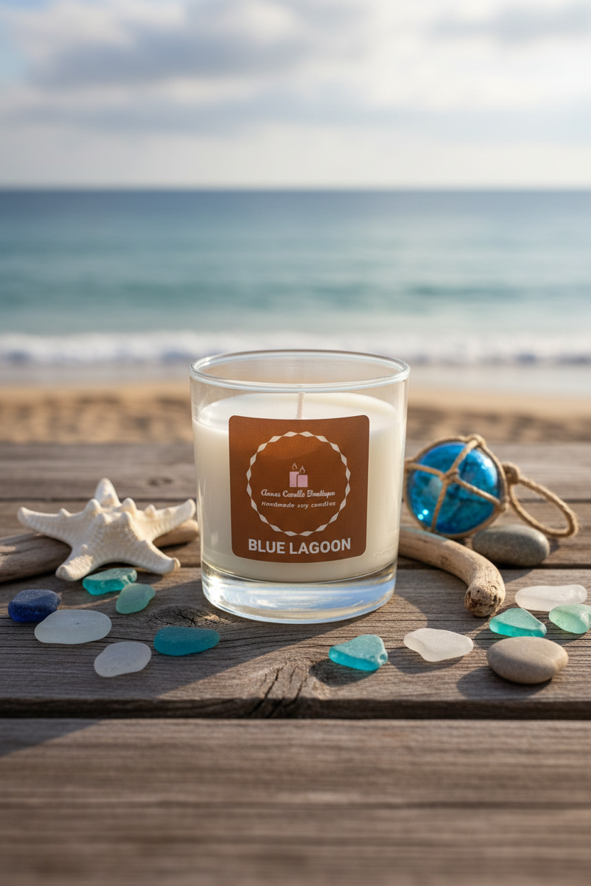 Candle labeled 'Blue Lagoon' on a wooden surface with beach-themed decor
