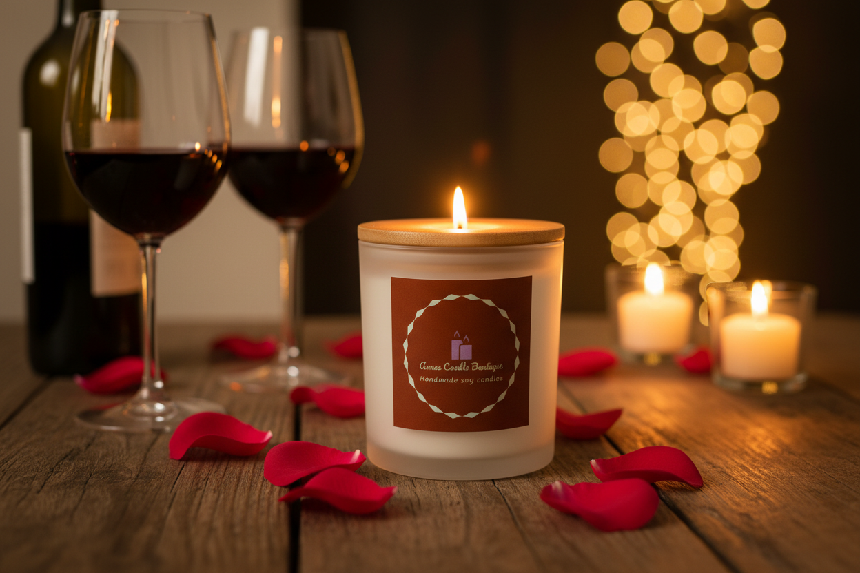 Candle with a label, wine glasses, and rose petals on a wooden table with blurred lights in the background.