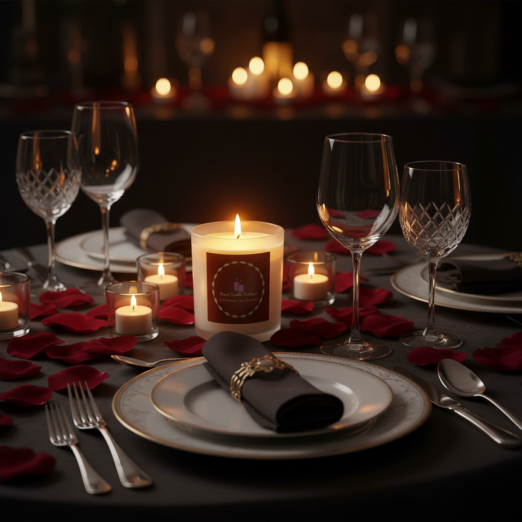 Dining table set for a romantic dinner with candles, wine glasses, and silverware.