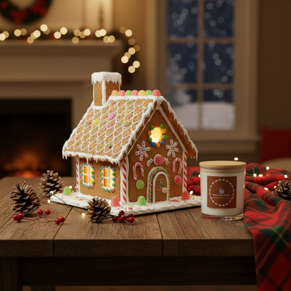 Decorative gingerbread house with lights on a wooden table next to a candle, with a fireplace and Christmas decorations in the background.