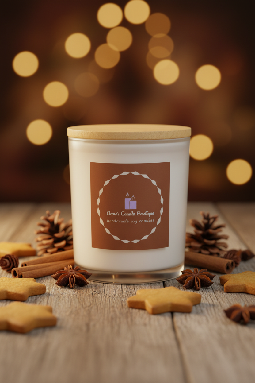 Candle with a label on a wooden surface with decorative elements