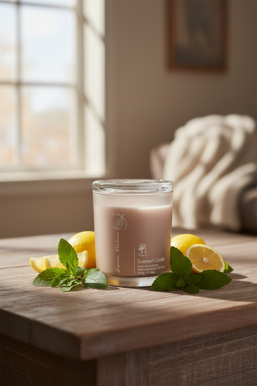 Candle with lemons and mint leaves on a wooden surface near a window