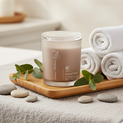 Scented candle on a wooden tray with white towels and stones in the background