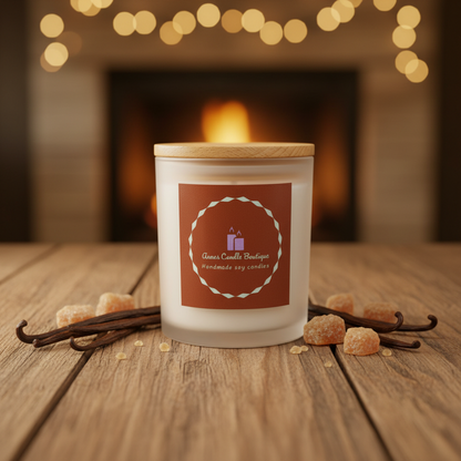 Candle with a label in front of a fireplace with vanilla beans and sugar crystals on a wooden surface.