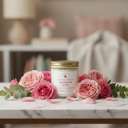 Candle with a gold lid and white label surrounded by pink roses on a marble surface.