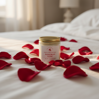 Candle labeled 'Bohemian Rose' surrounded by red rose petals on a bed.