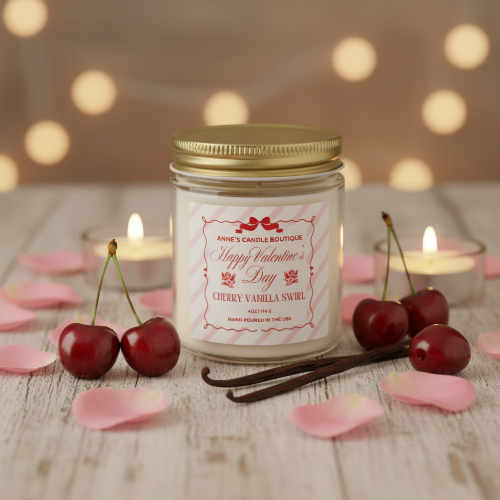 Candle jar with cherry vanilla scent on a wooden surface with cherries and candles.