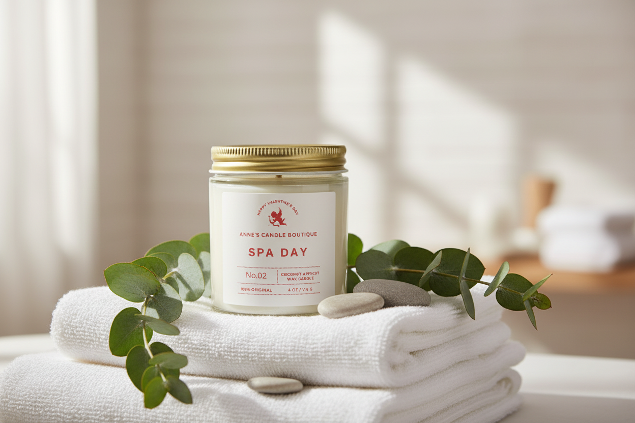Candle labeled 'Spa Day' on a stack of white towels with eucalyptus leaves.