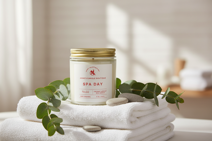 Candle labeled 'Spa Day' on a stack of white towels with eucalyptus leaves.