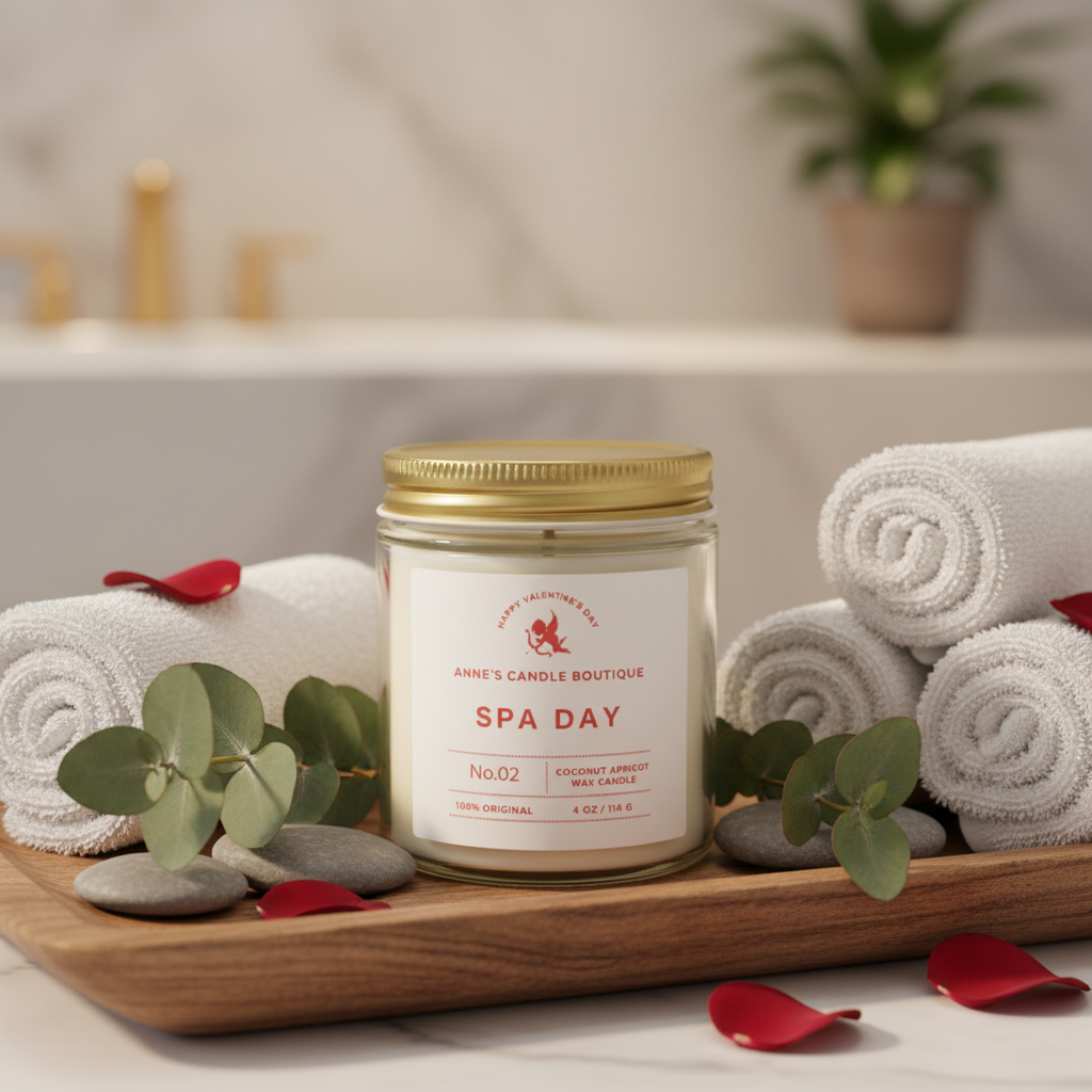 Candle labeled 'Spa Day' on a wooden tray with towels and eucalyptus leaves in a bathroom setting.