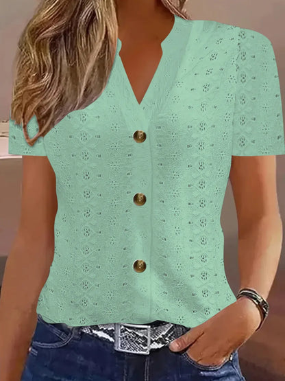 Openwork Notched Short Sleeve Top