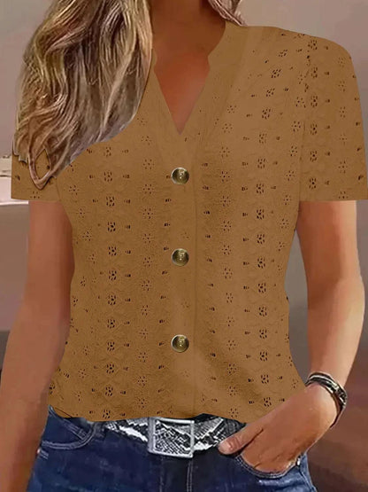 Openwork Notched Short Sleeve Top
