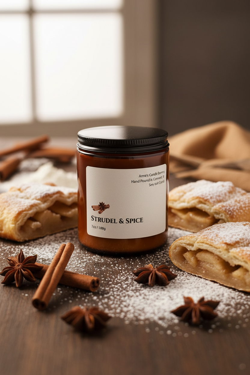 Jar of Strudel & Spice candle with apple strudel and spices on a wooden surface