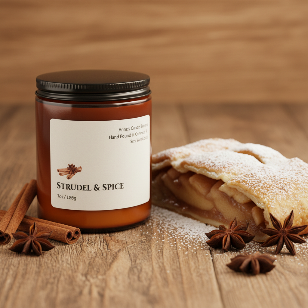 Candle labeled 'Strudel & Spice' with a slice of apple strudel and spices on a wooden surface