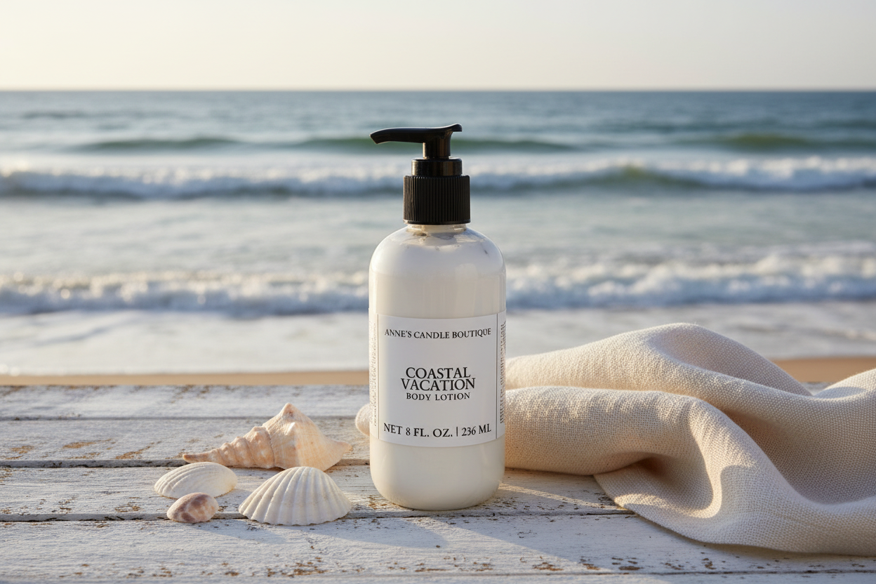 Body lotion bottle labeled 'Coastal Vacation' on a wooden surface with ocean view