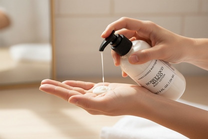 Hand holding a pump bottle of Honey & Co. body lotion over another hand.