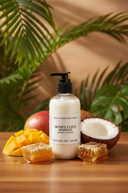 Honey Coco Mango body lotion with mango pieces, coconut, and honeycomb on a wooden surface with a leafy background.