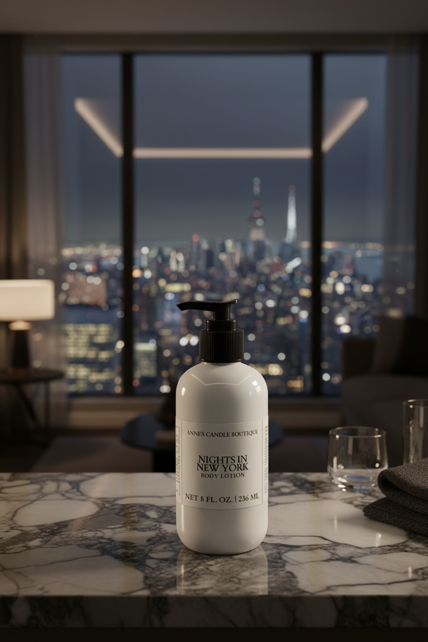 Bottle of 'Nights in New York' body wash on a marble surface with a cityscape view in the background