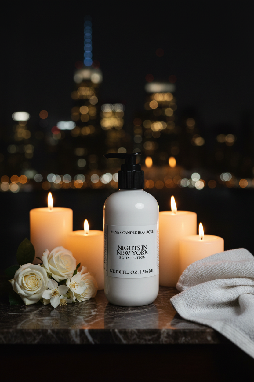 Body lotion bottle with candles and flowers on a dark surface with a cityscape in the background