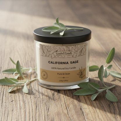 California Sage candle with leaves on a wooden surface