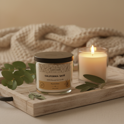 Candle and jar labeled 'California Sage' on a wooden tray with a soft blanket in the background
