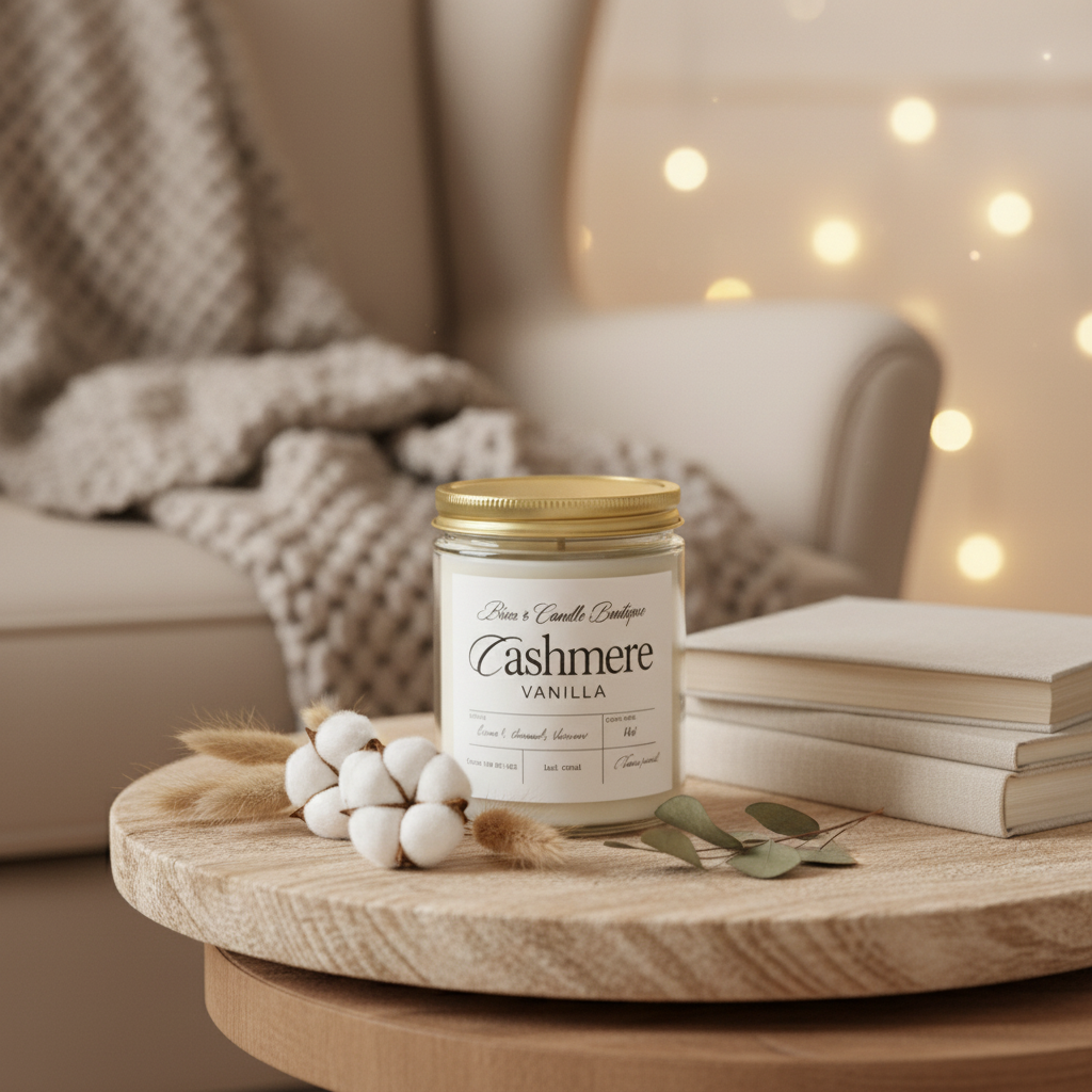 Candle labeled 'Cashmere Vanilla' on a wooden table with books and decorative items in a cozy setting.