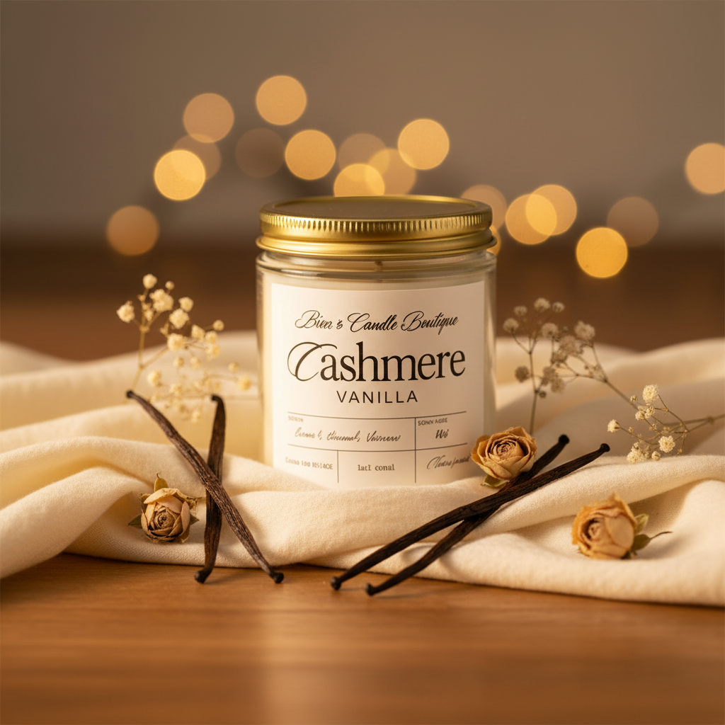 Cashmere Vanilla candle with vanilla beans and flowers on a soft background