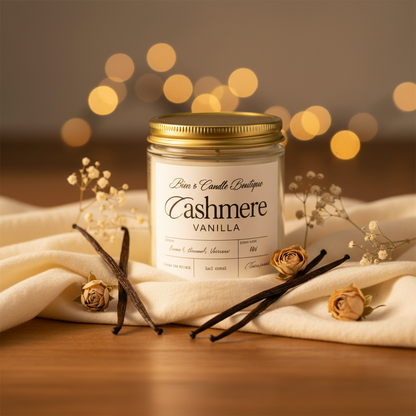 Cashmere Vanilla candle with vanilla beans and flowers on a soft background