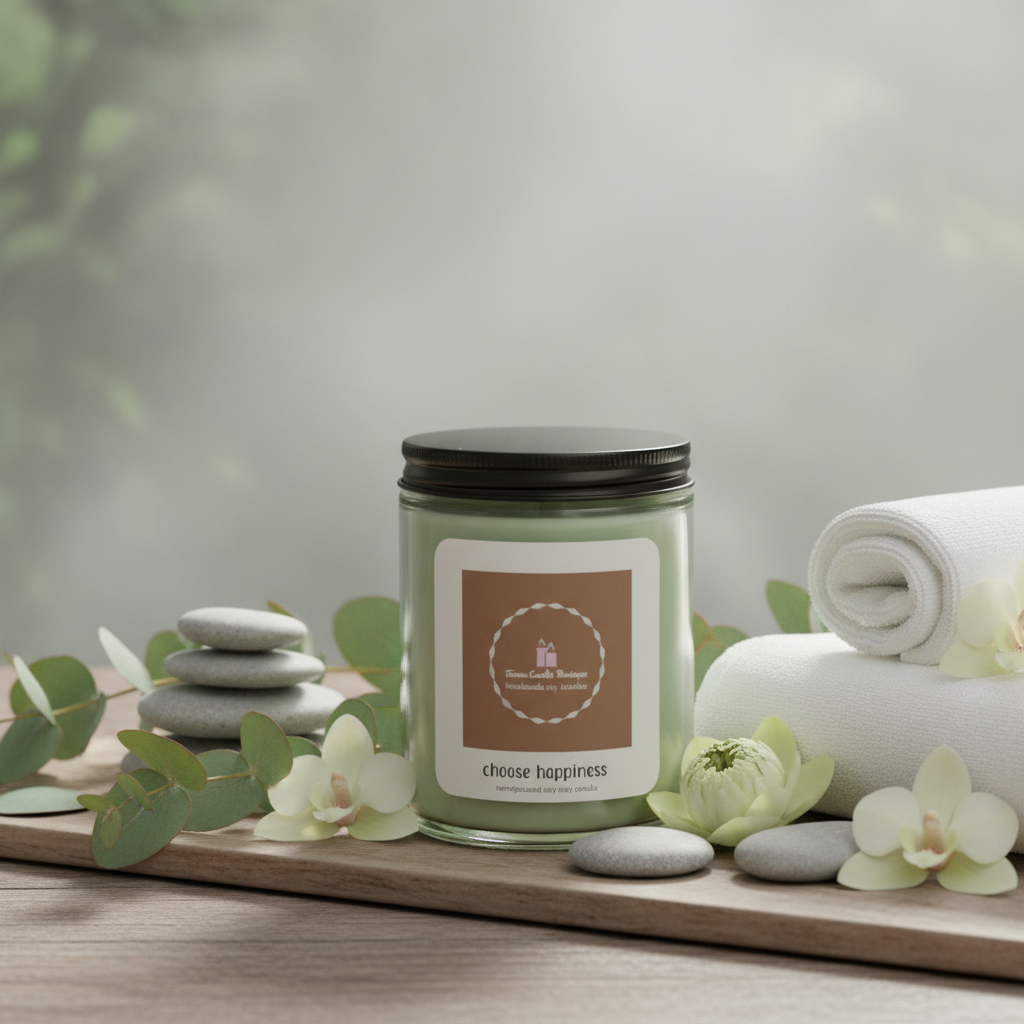 Candle with a label on a wooden tray with stones and flowers, on a neutral background
