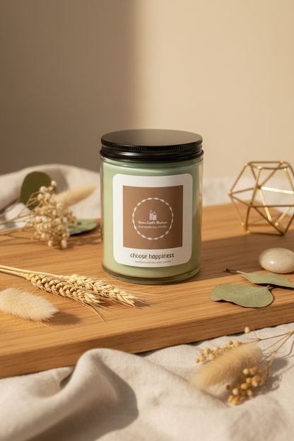 Candle with a label on a wooden surface with decorative elements